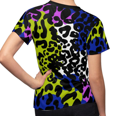 Color Block Leopard Print Women's Crewneck Tee in Techno